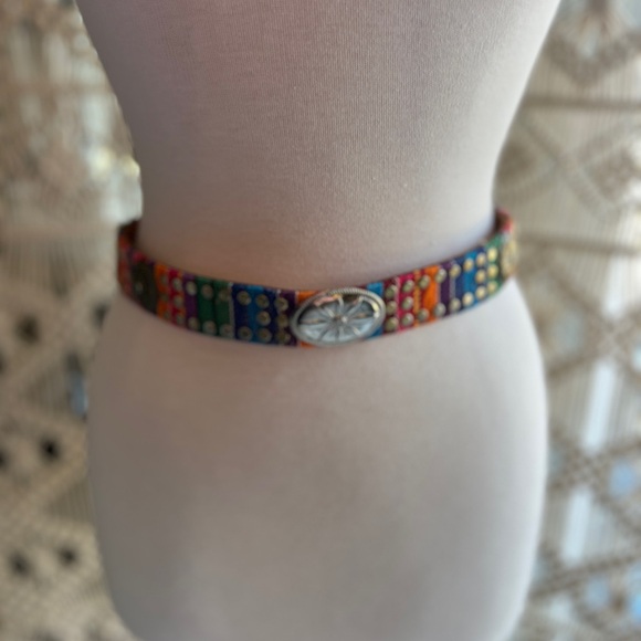 Vintage Leather Colorful Boho Embroidered Belt with Buckle and Rivet Detail - Picture 4 of 8